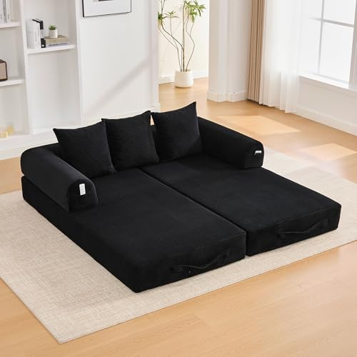 MODENVIE Sofá plegable modular con estructura de metal y 3 cojines cómodos,Muebles clásicos tapizados con bolsa de almacenamiento,Sofá cama con función de sueño,Negro