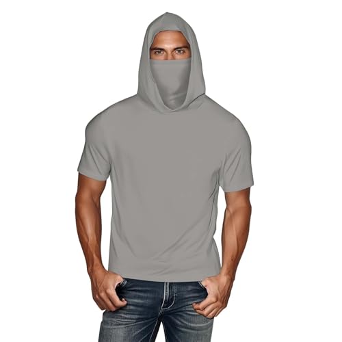 Mens UPF 50+ Short Sleeve Sun Shirts with Face Mask UV Protection Ice Silk Hooded ShirtsRash Guard Hiking Swimming