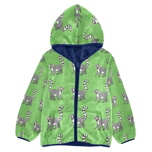 Lemur Pattern on Green Background Toddler Fleece Jacket Girl Boys Hooded Fleece Jacket Coat Warm Outwear Zip-up 3-10T