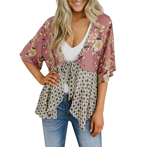 Kimono de plage femme imprimé floral - Tunique d'été respirante à manches 3/4
