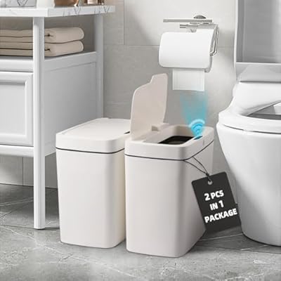CONERX Bathroom Trash Can with Lid 2 Pack 3.9 Gallon Touchless Automatic Garbage Can Slim Motion Sensor Waterproof Plastic Trash Bins for Bedroom, Bathroom, Kitchen, Office, Ivory White 10.2"x7.3"x12"