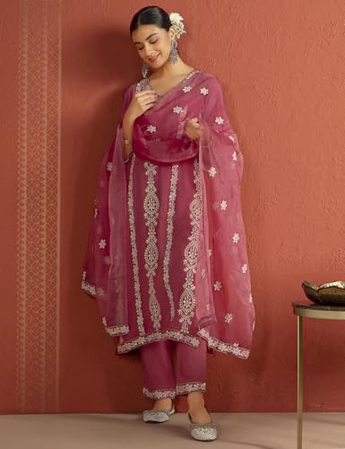 Image of Kaari Women's Chikankari Kurta Set with Dupatta - Straight Fit | Chikankari Embroidery & Lace Work | Lace on Sleeves | Organza Dupatta with Lace | Straight Pant with Side Pocket