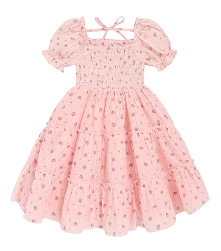 Toddler Girl Dress Short Sleeve Kids Floral Smocked Square Neck Beach Sundress | Summer Fashion Dresses (Pink Strawberry, 3-4T)