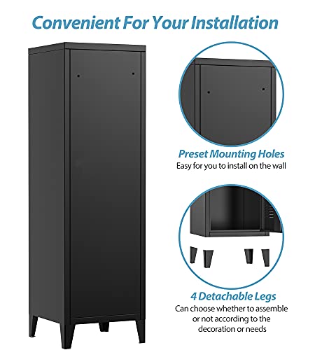 JINLLY Metal Locker Storage Cabinet, Lockable Storage Cabinet with Door, 3 Shelves and 4 Detachable Legs, Metal Locker for Bedroom, Office, School - Thumbnail 3