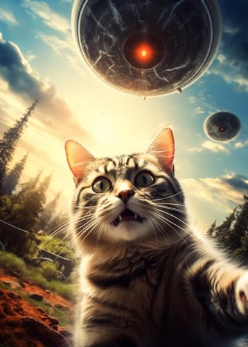 Rompecabezas UFO Selfie Cat 500 Piezas - Jigsaw de Nave Alienígena para Adultos | Rompecabezas divertido y único para amantes de gatos miniatura 1