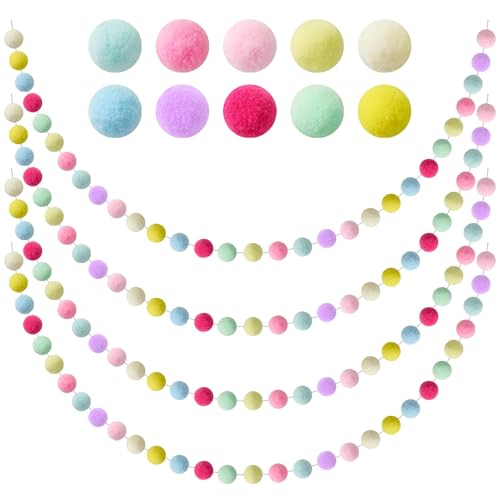 4 Pack 10 Color Pastel Pom Pom Garlands Easter Decorations Spring Felt Ball Garland Banner for Classroom Wedding Birthday Party Hanging Decor