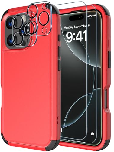 Image of Diverbox for iPhone 16 Pro Case [Shockproof] [Dropproof] [Tempered Glass Screen Protector + Camera Protectors] Heavy Duty Protection Phone Case Cover for Apple iPhone 16 Pro (Red)