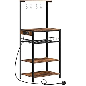 HOOBRO Bakers Rack with Power Outlet, Free Standing Kitchen Shelves, 4-Tier Microwave Stand, Kitchen Storage Unit with Adjustable Wine Rack, for Dinning Room, Living Room, Rustic Brown EBF60KHB01G1