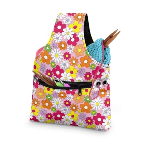Image of ZUXONGSY Colorful Daisy Yarn Bag for Knitting Pink Knitting Crochet Tote Bag for Women Yarn Tote Handbags for Crocheting
