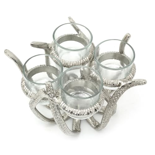 Octopus Tealight Candle Holder | Nautical Octopus with 4 Glass Candle Holders | Silver Aluminium Tea Light Candelabra - 19x17cm - Cosy Home Interiors Octopus Tealight Candle Holder | Nautical Octopus with 4 Glass Candle Holders | Silver Aluminium Tea Light Candelabra - 19x17cm - Image 8