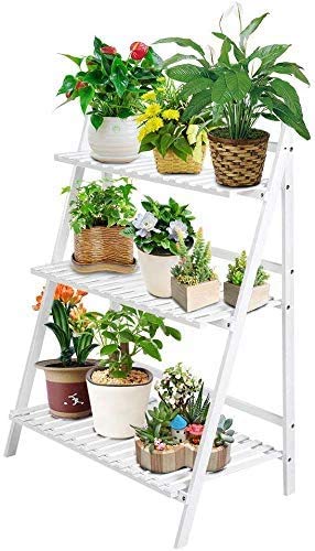 Ejoyous Bamboo Plant Flower Stand, 3 Tiers Ladder Plant Stand Foldable Plant Display Shelf Flower Pot Organizer Rack For Balcony Living Room Garden Patio Small Porch(White)