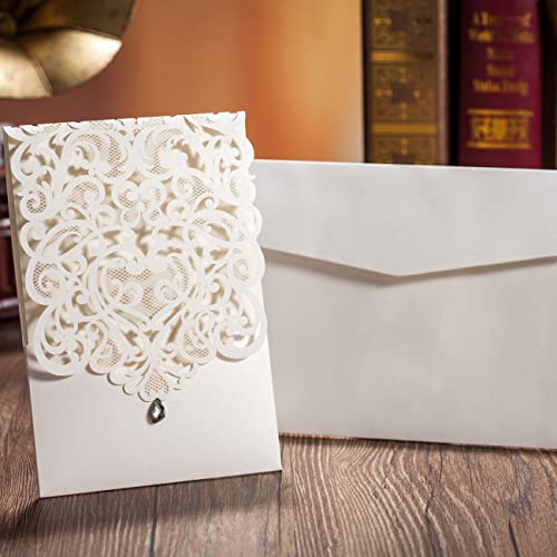 Hosmsua 50Pcs White Wedding Invitations Kit 5 X 7.3 Inch Laser Cut Hollow Rose Rhinestone Pocket With Envelope For Quinceanera Bridal Shower Invite (White Ivory) #TOP7
