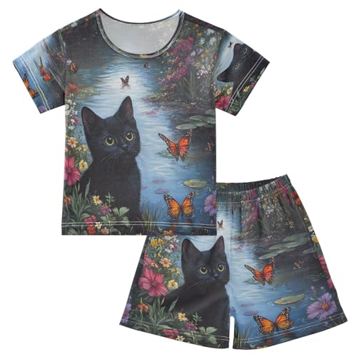 ALAZA Black Cat Kitten Butterfly Flower Pajamas Set Short Sleeve Cotton Sleepwear Summer Pjs 2 Piece 5-14Y