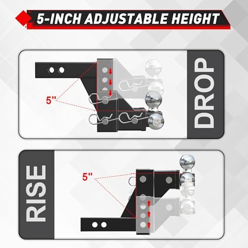 TYT Adjustable Trailer Hitch Tri-Ball Mount Assembly, Fits 2" Receiver,5" Rise/Drop Hitch, Heavy Duty Truck Hitch Ball Mount, with 1-7/8'',2'' and 2-5/16'' Chrome Hitch Ball, 10000 LBS GTW — view 4