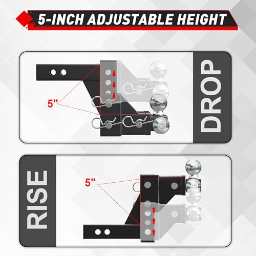 Image of TYT Adjustable Tri-Ball Trailer Hitch for 2 inch Receiver, 5 inch Drop /Rise, 1-7 /8 inch, 2 inch, 2-5 /16 inchBall with Hitch Pin Lock & Pins, 10,000 lbs GTW, 1,000 lbs TW