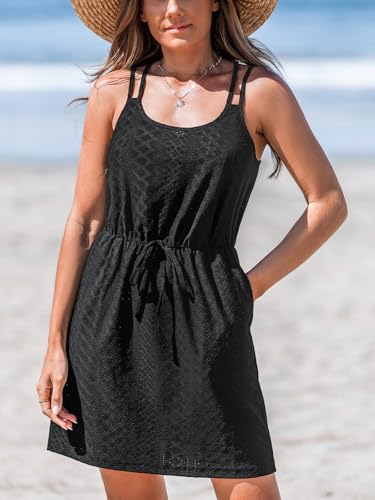 CUPSHE Women Swimsuit Cover Up Sleevess Spaghetti Straps Summer Mini Beach Dress Tie Waist Bathing Suit Coverups for Swimwear4