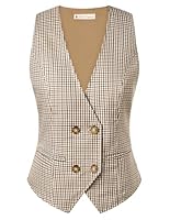 Belle Poque Braune Karierte Weste Damen Weste Damen Herbst Vintage V-Ausschnitt Zweireiher Westen für Formelle Konferenzen L