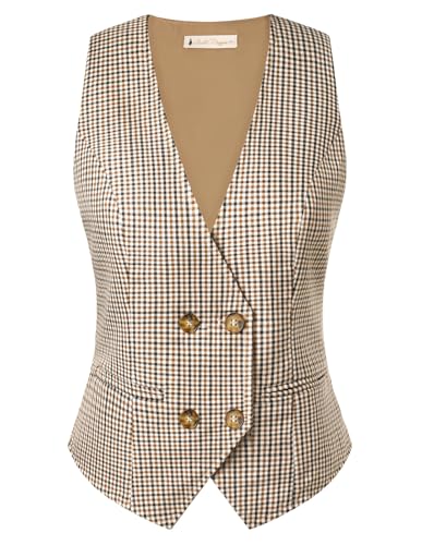 Belle Poque Braune Karierte Weste Damen Weste Damen Herbst Vintage V-Ausschnitt Zweireiher Westen für Formelle Konferenzen L