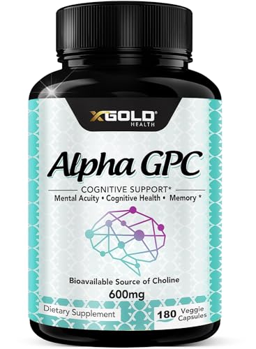 Alpha GPC Choline Supplement 600mg, 99%+ Highly Purified, Highly Bioavailable Source of Choline,180 Veggie Capsules, Cognitive Enhancer Nootropic, Supports Memory & Brain Function, Boosts Focus & Mood