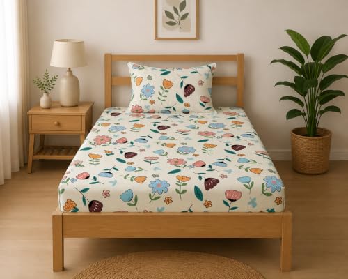 Image of LOOMLYFE Microfiber Soft Cotton Single Bed Bedsheet for Diwan Bed, Size 60 Inches X 90 Inches, 152 X 230 cm with 1 Large Size Pillow Covers Without Joint - PeachFlower