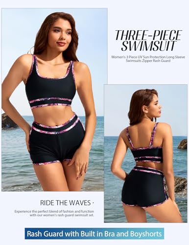 Kate Kasin Women's 3 Piece Rash Guard Long Sleeve Swimsuits Zip Up UPF 50+ Built in Bra Swim Shirts with Boyshorts Quick Dry3