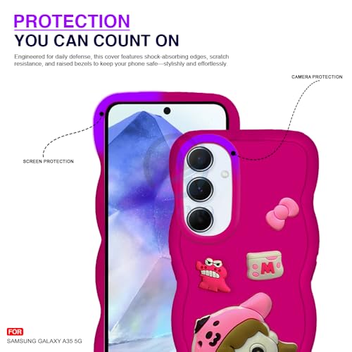 Image of AESTMO Back Case Cover for Samsung Galaxy A35 5G | 3D Cute Fun Cartoon Characters | Anti Slip Grip Cute Wave Curly Frame Shape | Full Body Protection Back Cover for Samsung Galaxy A35 5G (Pink)
