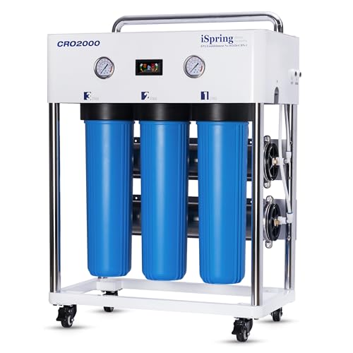 Image of iSpring CRO2000 4-Stage Tankless Commercial Reverse Osmosis Drinking Water Filtration System w /Dual Pumps, Pressure Gauges, and Freestanding Stainless Steel Bracket, 2000 GPD