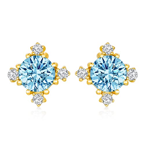 Sisgem 14K Real Gold Blue Topaz Stud Earrings For Women Girls,Yellow Gold Topaz Post Studs Gemstone Cubic Zirconia Piercing Jewelry Gifts For Birthday Christmas (14K Gold-Yellow) #TOP13