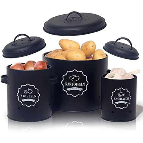 SYLANDO Aufbewahrung Kartoffeln Set,Vorratsdose Kartoffeln, Zwiebeltopf Kartoffeltopf Knoblauchtopf, Großer Vorratsbehälter aus Metall (Schwarz-Set) Cover