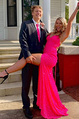 Qqcute Womens Mermaid Sequin Prom Dresses Spaghetti Straps Long Formal Evening Gowns With Split Sparkly Evening Party Hot Pink Dresses(Us4) #TOP3