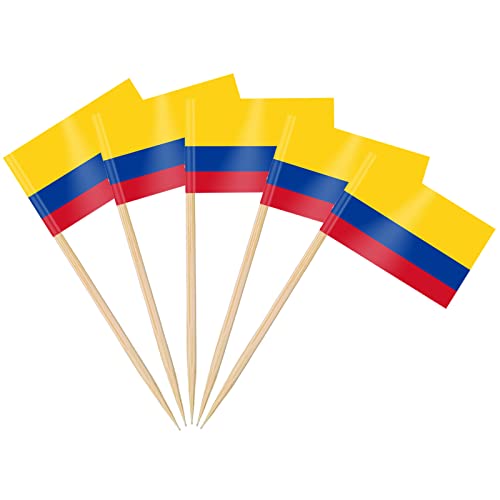 AhfuLife Palillos con Banderas de Colombia, 200 Piezas Banderas de Palillos de Dientes de Colombia para Decoraciones de Eurocopa, Cóctel, Sándwiches, Pastelería, Pastel, Frutas, Fiesta, Cupcakes