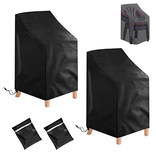 Stacking Outdoor Chair Covers Waterproof, Uranshin Outdoor Patio Chair Covers Stackable Chair Cover, Lawn Lounge Chair Covers For All Weather Protection,Black, 25" L X 25" W X 47”H (2Pcs) #TOP7