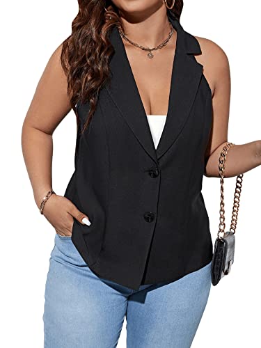 Floerns Women's Plus Size Button Down Lapel Neck Vest Sleeveless Blazer Suit Jackets