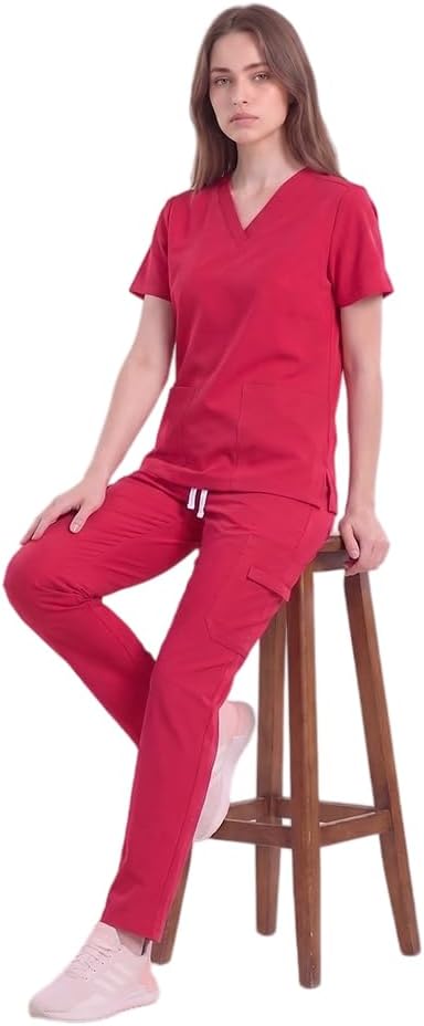 Women Medical Scrubs Set, V-Neck Stretch Top & Elastic Waist Pants with 8 Multi-Pockets for Nurses