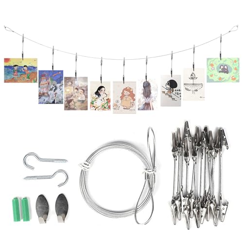 Qaestuan Clip Photo Fil Métallique, avec 12 Pièces Pince Crocodile, 160 cm x 2 mm Câble Acier de Photo, Photo Câble de Suspension Réglable, pour DIY Carte Tenue Photo Debout Décoration Accessoires