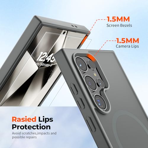 Image of SUPFINE Magnetic for Samsung Galaxy S24 Ultra Case with Screen Protector, (Built-in Magnets) (Military Grade Drop Protection) Slim Translucent Shockproof Phone Case,Titanium Gray