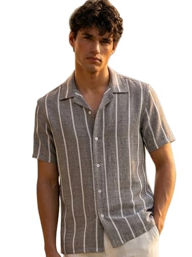 Image of Urbano Fashion Men's Cotton Half Sleeve Relaxed Fit Linen Striped Shirt with Cuban Collar