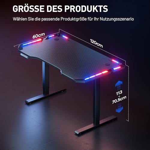 Höhenverstellbarer Schreibtisch 120 x 60 cm,Gaming Tisch mit LED,Elektrischer Schreibtisch,Steh-Sitz Tisch mit Kohlefaseroberfläche, Elektrisch Computertisch mit 3-Funktions-Memory, Schwarz – Bild 4