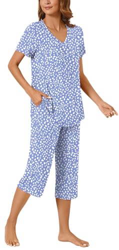 Bestbee Womens Pajama Set 2 Piece Lounge Outfits Summer Sleepwear V Neck Short Sleeve Capri Pant With Pockets Ladies Pjs3
