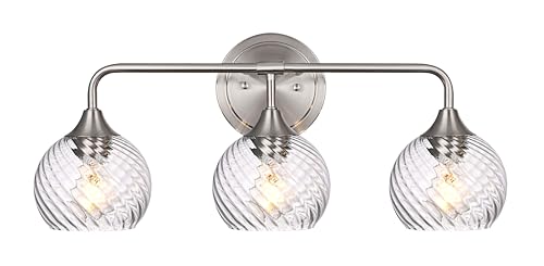 Image of MELUCEE 3 Lights Modern Vanity Lights Over Mirror, Brushed Nickel Bathroom Lighting Fixtures with Clear Striped Swirl Glass Shade, Metal Wall Mount Lamp for Mirror, Bathroom Living Room Workshop