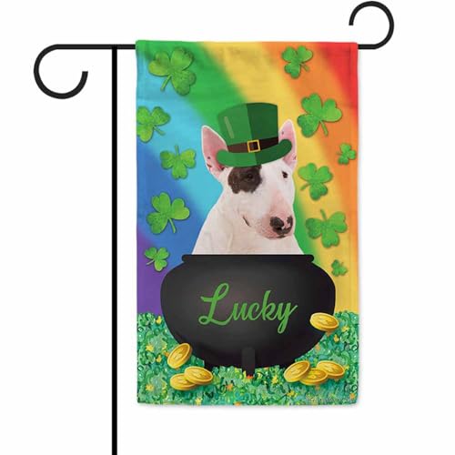St.Patrick's Day Lucky Dog Garden Flag Lovely Bull Terrier Shamrock Clover Gold Pot Coin Rainbow Decor Home Banner for Outside Both Sides 12.5x18 Inch