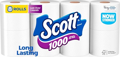 Image of Scott 1000 Toilet Paper, 8 Rolls, Septic-Safe, 1-Ply Toilet Tissue