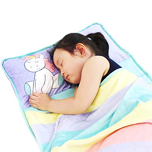 Nap Mat for Toddlers at Preschool Kinder Daycare – Portable Unicorn Sleeping Bag Mats w Blanket + Pillow for Boys or Girls