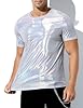 Casey Kevin Mens Metallic T-Shirts 70s Disco Outfits for Mens Holographic Short Sleeve Shiny Tops,White-XL #2