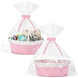 2 Pack Small Woven Basket with Gift Bags and Ribbons, Empty Decorative Gift Chest Box, Cute Baby Gift Basket for Nursery, Cotton Rope Room Shelf Storage Basket with Handles, All 12