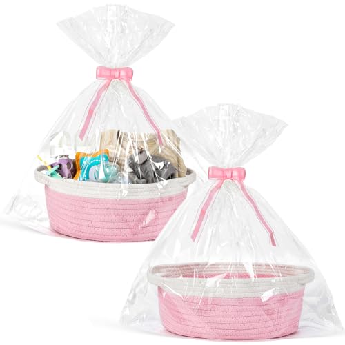 2 Pack Small Woven Basket with Gift Bags and Ribbons, Empty Decorative Gift Chest Box, Cute Baby Gift Basket for Nursery, Cotton Rope Room Shelf Storage Basket with Handles, All 12