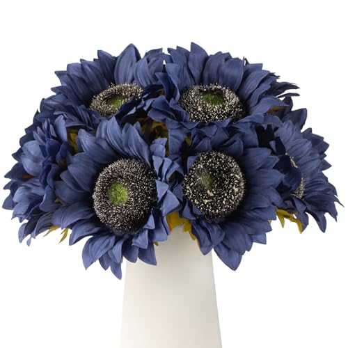 DuHouse 12pcs künstliche Sonnenblumen mit Langen Stielen, 12cm Seide Sonnenblumen Bulk für Hochzeit Haus Garten im Freien Party-Dekoration (Blau)