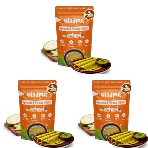 Image of Gladful Achari Chilla Mix - Low GI, Diabetes-Friendly & Gluten-Free - No Maida, Palm Oil & Trans-Fat - Vegan & High-Protein Chilla /Dosa Mix - Anytime Snack for Kids & Family - Pack of 3 (200g)