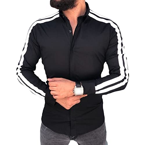 Maiyifu-GJ Men's Long Sleeve Striped Dress Shirts Patchwork Casual Button Down Shirts Slim Fit Turn-Down Collar Shirt Top (Black,Medium)