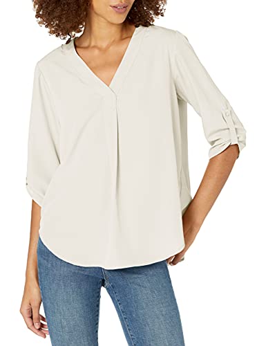 TRES JOLIE Women's Aster Pleated V Neck with Tab Sleeve Woven Top, Ivory, Large